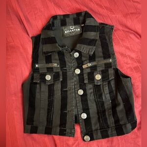 Killstar black and grey short striped trucker vest